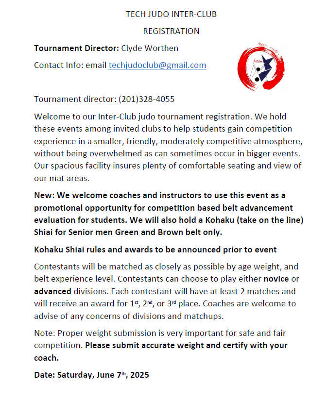 Tech Judo Interclub June 7th 2025